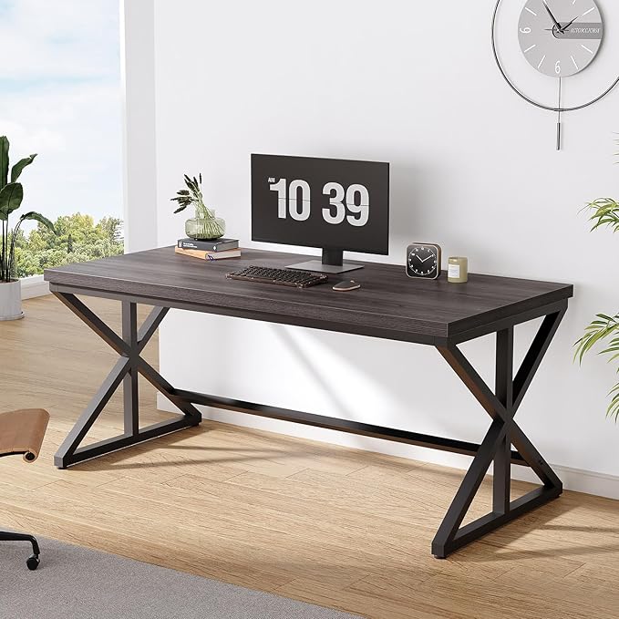 IBF 60 Inch Long Office Desk Modern Metal Wooden Grey Writing Study Computer Desk for Bedroom Farmhouse Big Simple Home Office Desks Executive Work Pc Table for Student Dark Gray Oak