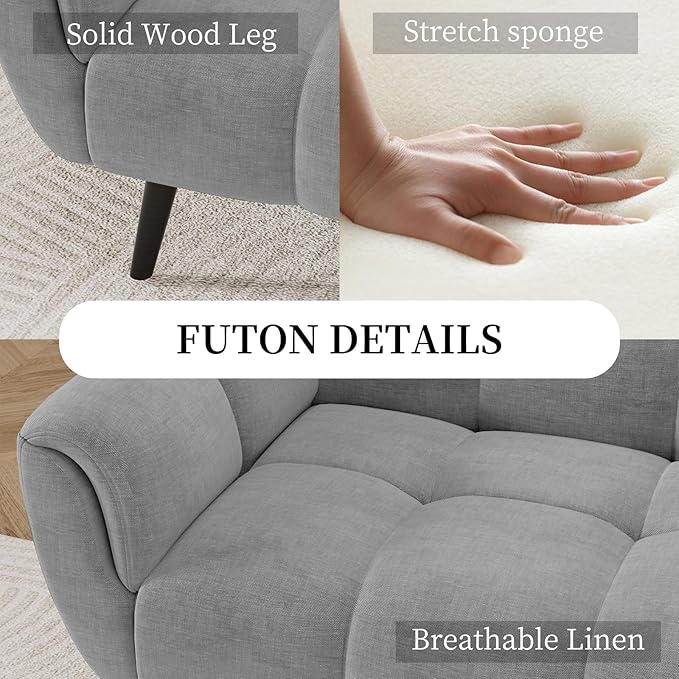 Convertible Futon Sofa Bed 76.77 Modern Linen Futon Couch Comfy Sleeper Sofa with Adjustable Backrests Couch Bed for Small Spaces Living Room Bedroom Apartment Grey