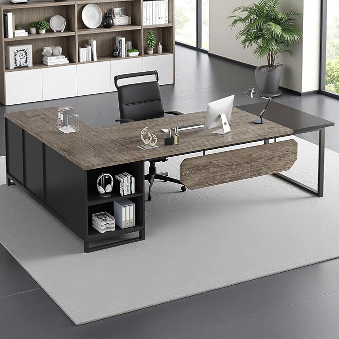 Oigavfd 70.8 L Shape Executive Desk with File Cabinet and Printer Stand L Shaped Computer Desk with Storage and Metal Frame Corner Desk for Home Office (Retro Gray &amp Black)