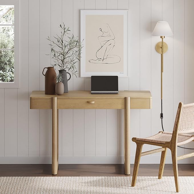 Nathan James Haley Mid Century Modern Home Office Desk Solid Wood Writing Desk with Drawer and Rounded Legs Light Brown