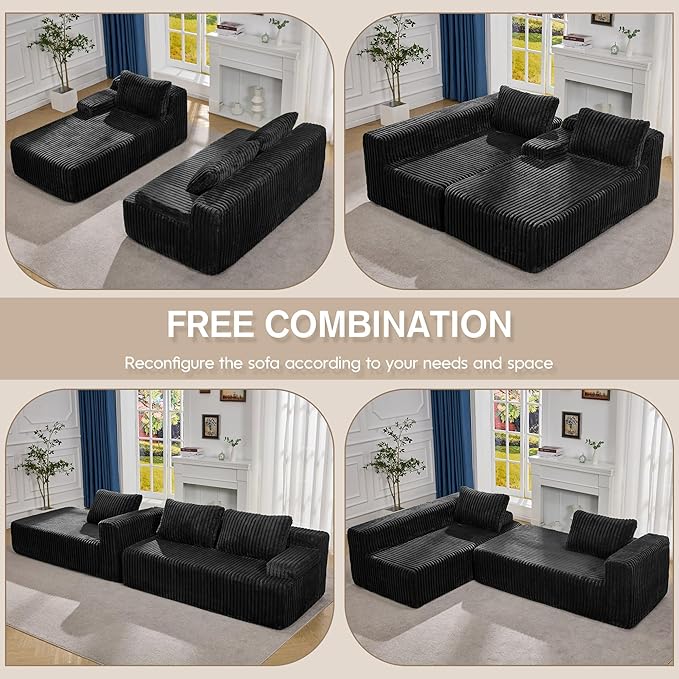 Modular Sectional Sofa Couches L-Shape Couch 3 Seat Modular Sofa Memory Foam Sectional Couches for Living Room Cloud Couch with Oversized Chaise (Black Stripe 108 Left Facing Chaise)