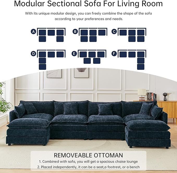 Modular Sectional Sofa 147.2 Inch U Shaped Couch Set with Armrests 4-Seater Comfy Cloud Couches with Movable Ottoman for Living Room Apartment Blue