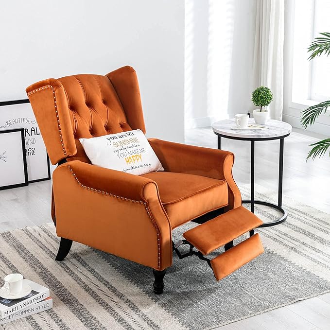 Velvet Accent Chair Push Back Recliner Chair Wingback Arm Chair for Living Room/Bedroom/Home Theater/Reception Area Caramel