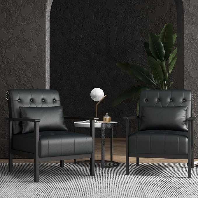 AODAILIHB Black Accent Chair Set of 2 Mid Century Modern Living Room Chairs Armchairs Waiting Room Chairs Small Accent Chair Comfy Leather Side Chair for Living Room Office with Pillow (2 Black)