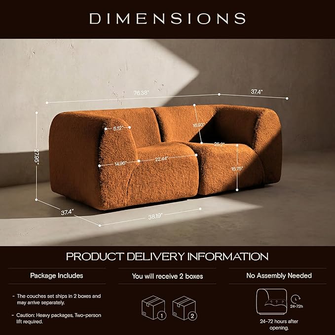 Loveseat Modular Sofa 2-Piece Sectional Curved Couches with High-Density Foam 76 Boneless Sherpa Deep Seat Couch with Armrest Cloud Soft Lounge Modern Sofas for Living Room – No Assembly Brown