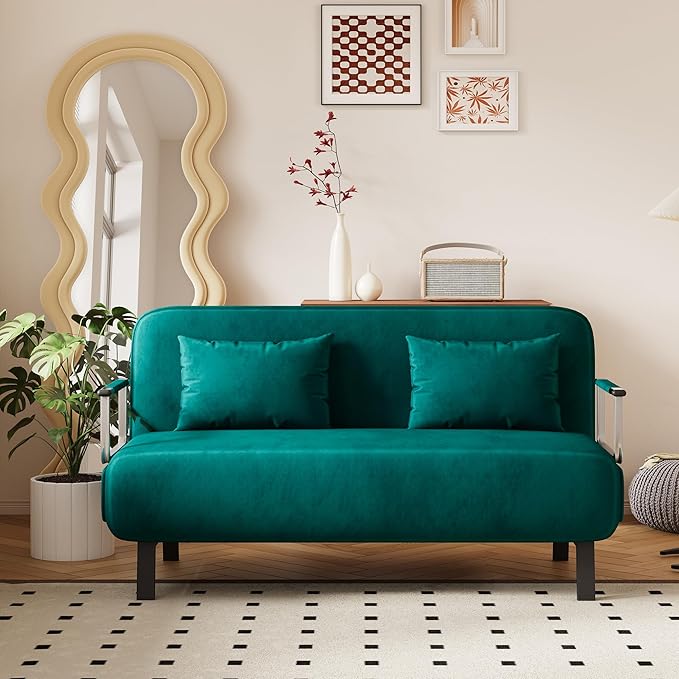 KEIKI 55 Luxury Velvet Loveseat Triple-Fold Sofa Bed 3 in 1 Convertible Sleeper Lounge Chair w/Adjustable Backrest &amp PillowsMulti-Functional Living Room Armchair for ApartmentsAntique Green