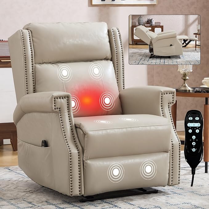 KEIKI Oversized Recliner Chair Manual Leather Recliner Chair with 8 Vibration Nodes Back Massager and Heating for Living Room Rocking Chair for Old Money Living Room Decor Beige