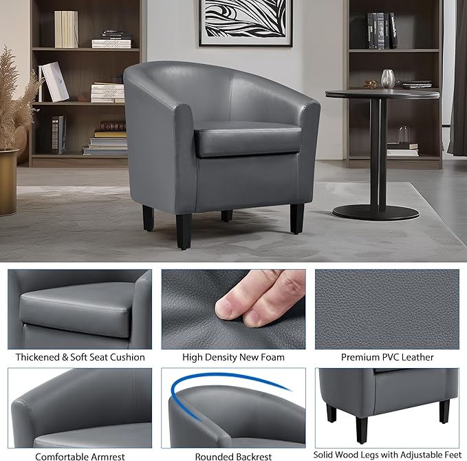 Yaheetech Barrel Chairs Faux Leather Chairs Modern Leather Club Chairs Comfy Gray Accent Chairs with Sturdy Wood Legs for Living Room/Bedroom/Reading Room/Waiting Room Gray Set of 2