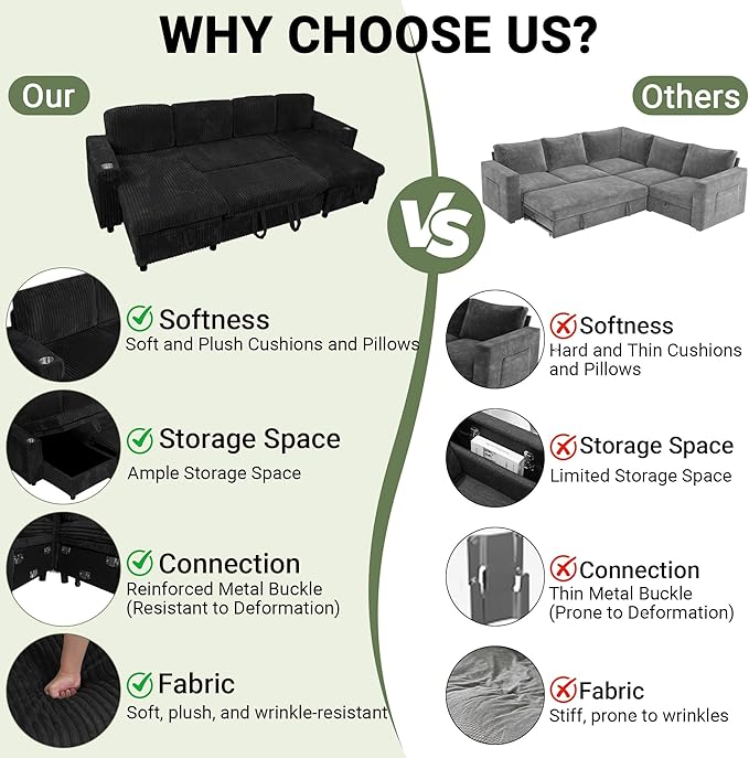 Sectional Sleeper Sofa with Pull Out Bed Storage Chaise Sectional Couches for Living Room Black Corduroy Couch with Storage Pull Out Bed 2 Cup Holders &amp USB Charging Ports Black