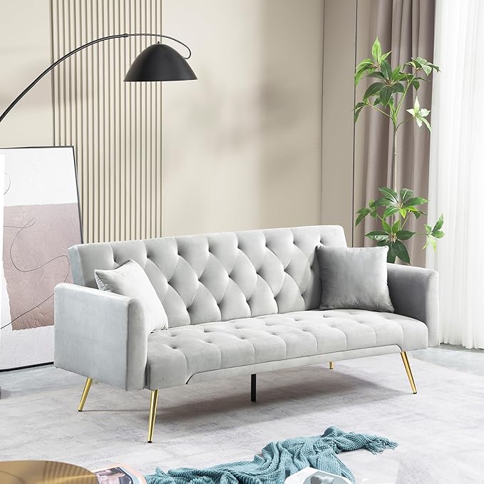 Anwick Modern Velvet Sofa Bed Futon with 2 Pillows2-in 1 Convertible Sleeper Couch BedFolding Recliner Loveseat with Golden Metal Legs for Living Room Apartment Office (Grey)