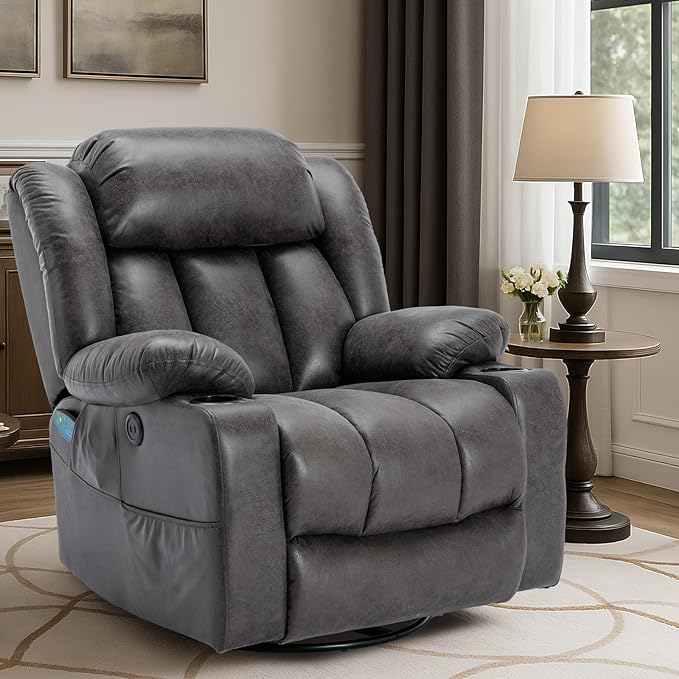 VIVIJASON Swivel Rocker Recliner Chair with Heat &amp Vibration Manual 360° Swivel Glider Overstuffed Reclining Chair with 2 Cup Holders Side Pockets &amp USB Ports for Living Room Gray