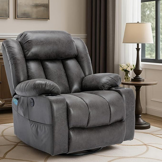 VIVIJASON Swivel Rocker Recliner Chair with Heat &amp Vibration Manual 360° Swivel Glider Overstuffed Reclining Chair with 2 Cup Holders Side Pockets &amp USB Ports for Living Room Gray