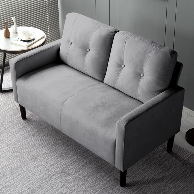 Loveseat Sofa Small Couch for Small Spaces Modern Linen Fabric 2-Seater Sofa with Solid Wood Legs Easy Assembly Apartment Couch for Living Room Office (Light Grey)