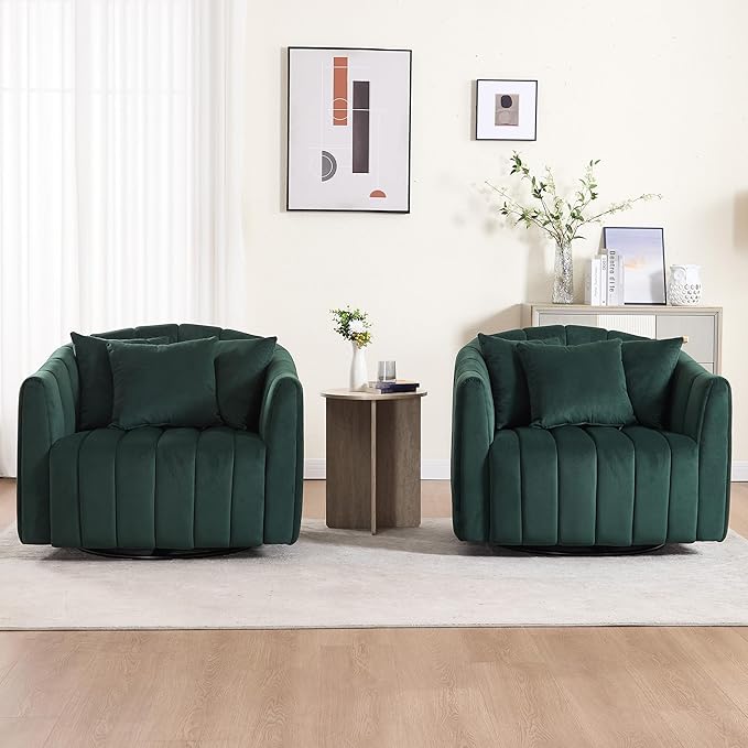 Mlmh &amp Kngwa 40.35 W Swivel Accent Chairs Set of 2 Oversized 360 Degree Swivel Barrel Chair with 3 Pillows Velvet Armchair for Living Room Bedroom Green
