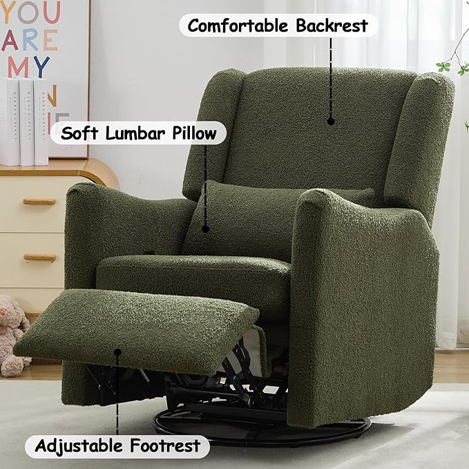 Classic Wingback Glider Recliner Nursery Chair Rocker Swivel Recliner Chairs for Small Spaces Thick Cushion Linen (Green)