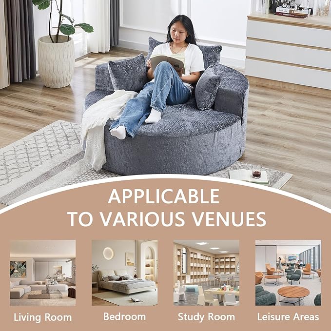 55''W Oversized Round Chair with PillowsComfy Chenille Single ChairOversized Accent Chair with Deep Seat Modern Large Reading Chairs for Living Room &amp Bedroom (Grey)