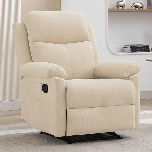 Recliner Chair Manual Recliner for Adults with Side Pocket Small Recliners for Small Spaces Adjustable Comfy Overstuffed Corduroy Reclining Chairs for Living Room Reading Bedroom Beige