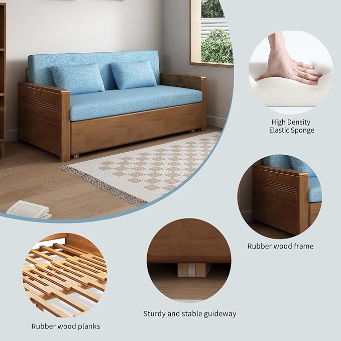 59 Convertible Sofa SleeperBlue Soft Cushion sectional Sleeper Couch with Reversible Chaisesolidwood Bed 3 in 1 Pull Out CouchWalnut Color Sofa for livingroomApartmentBedroomOffice