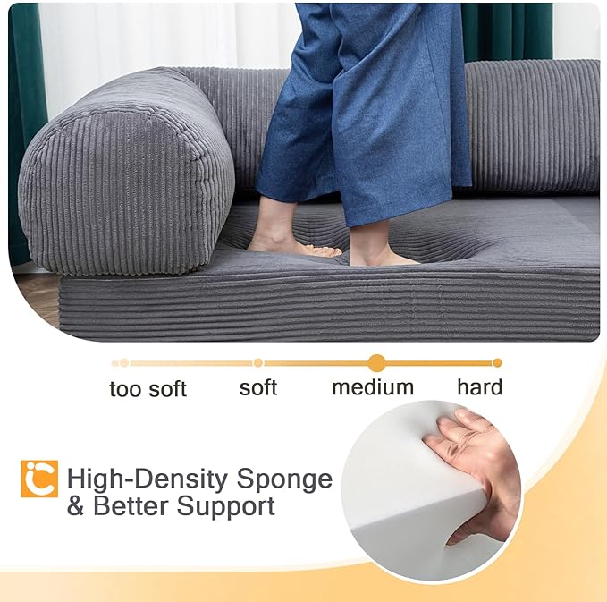COMAX Futon Sofa Bed 4-in-1 Floor Foldable Sofa Couch Bed Queen with L-Shaped Armrests Convertible Folding Chair Bed Sleeper Mattress Fold Out Comfy Lounge for Living Room Bedroom Grey