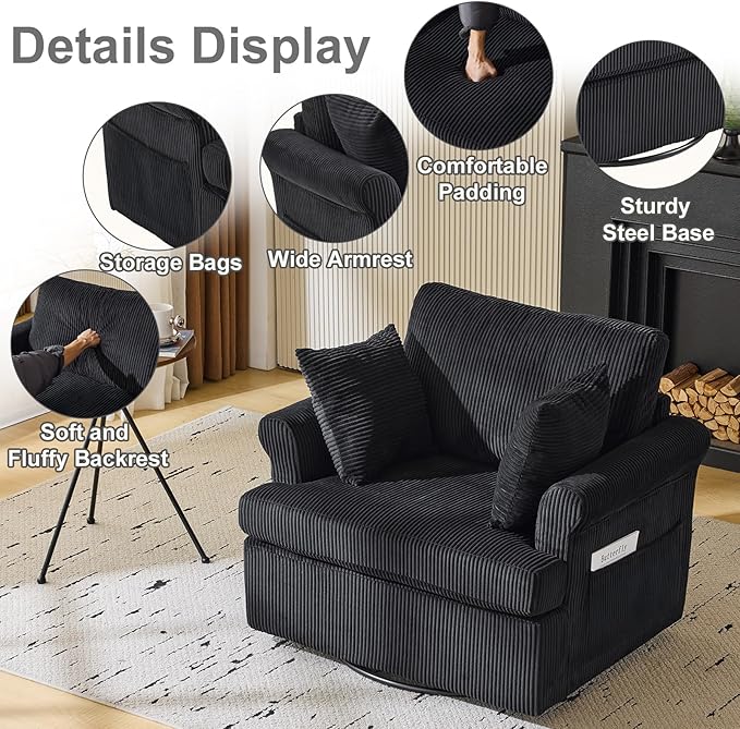 Karl home 39 Swivel Accent ChairOversized Seat Armchair W/2 Pillows and 4 PocketsModern Upholstered Corduroy Barrel ChairsComfy Single Sofa for Living RoomReadingBedroom and Office -Black