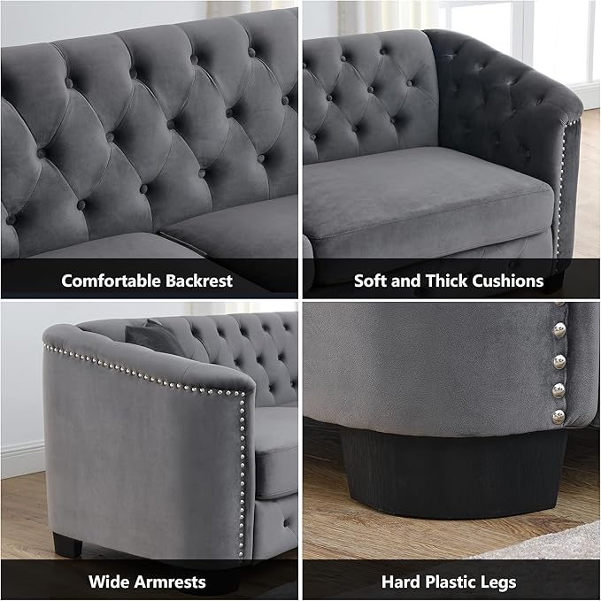 mikibama Luxury 2 Piece Chesterfield Velvet Sofa Set for Living Room Modern Decor Furniture Sectional Sofa 3 Seater &amp Loveseat Upholstered Tufted Couch for Apartment Office Hall(Grey)