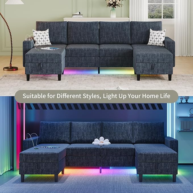 Sectional Couches for Living Room 6-Seats Soft Linen Fabric Sectional Sofa with Storage Ottoman Modern Convertible U/L Shaped Couch with Smart Charging Module/LED Light/Music Sync (Blue)