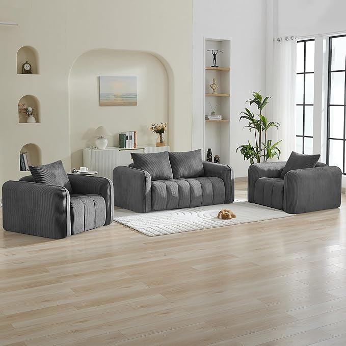 Corduroy Boneless Living Room Sets Modern Upholstered Loveseat with 2 Signle Sofa Chairs Comfy Deep Seat Cloud Sofa Couch Sets for Living Room Grey