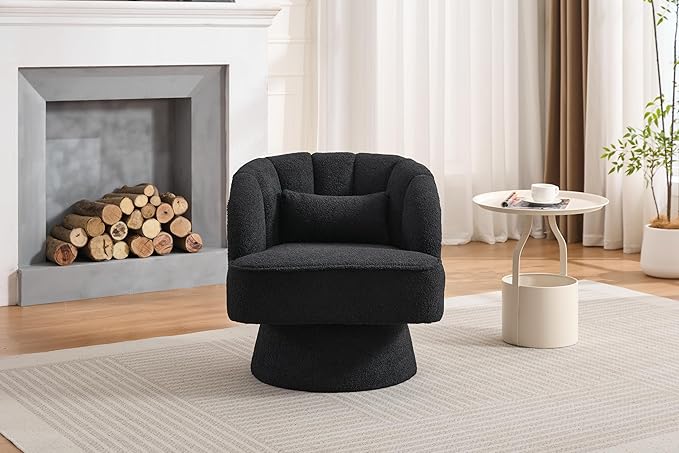 Swivel Barrel Chair - Teddy Bear Velvet Upholstered Modern Armchair with Striped Backrest &amp Plush Padding Round Lounge Chair for Living Room Bedroom Small Spaces Black - (1 Pcs)