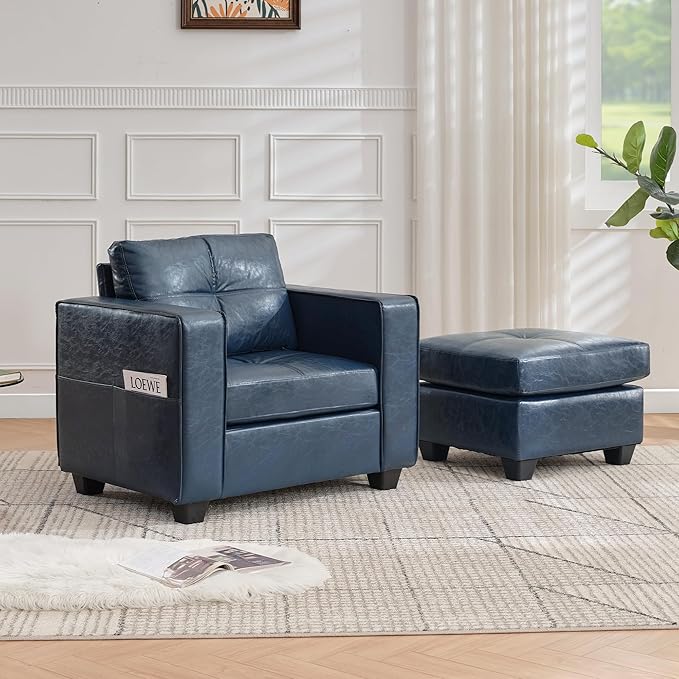 TYBOATLE Oversized Accent Chair with Ottoman Wide Chaise Lounge Chair Indoor Mid Century Modern Armchair with Pockets Leather Comfy Chairs for Bedroom Living Room Office (Blue)