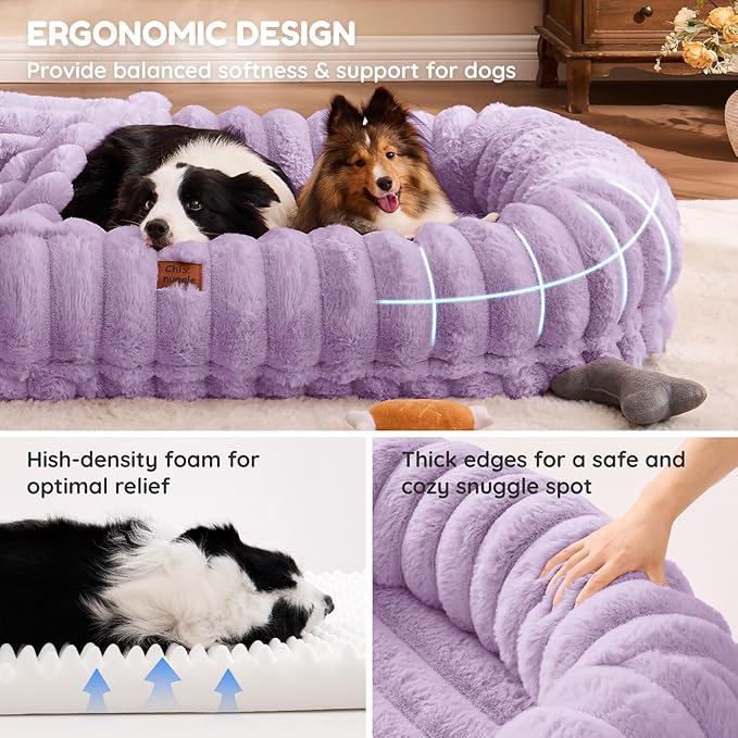 Human Dog Bed for Adult - Luxury Striped Faux Fur Giant Dog Bed with Portable Handle Egg Orthopedic Foam Pad with Thick Blanket 72x40x10 Purple