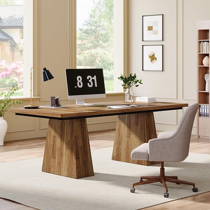 Tribesigns 63-Inch Executive Desk Large Office Computer Desk with Double Pedestal Modern Simple Workstations Writing Table Conference Table Business Furniture for Home Office Light Brown