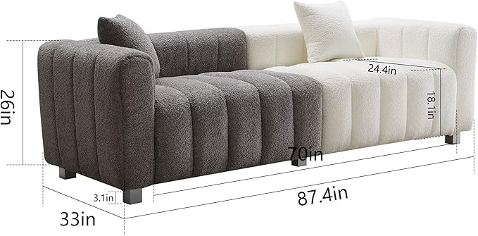 87.4'' Modern 3-Seater Sofa Bubble Couch for Living RoomTeddy Bouclé Velvet Deep Seat Sofa Couch Fluffy Loveseat Sofa with 6 Metal Base Legs for Bedroom/Home/Office(White-Grey)
