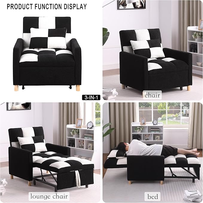Sleeper Chair Bed Multi-Functional Convertible Chair Sleeper Teddy Fabric Adjustable Pull Out Sofa Bed with Lumbar for StudioDorm Apartment BedroomOfficeLiving Room (Black-White)