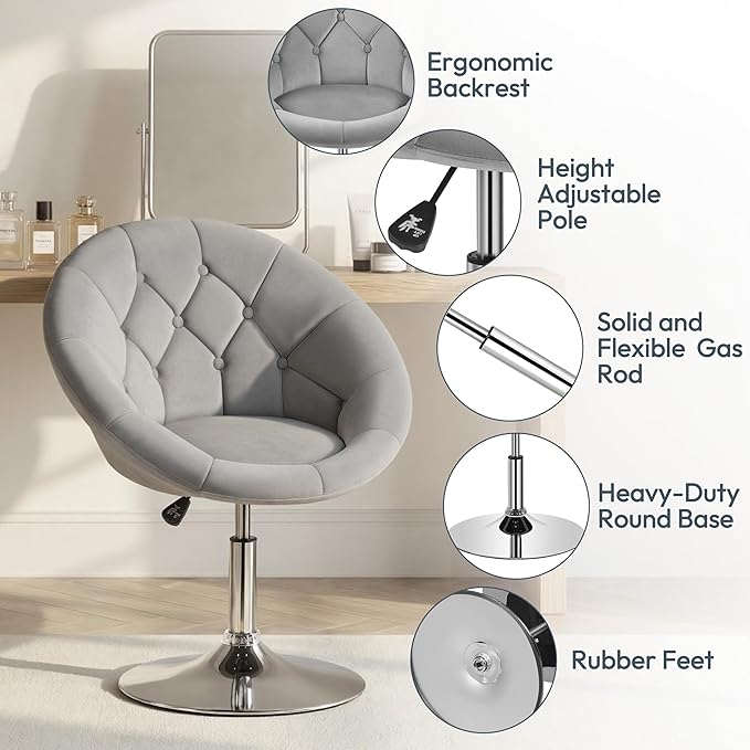 Yaheetech Adjustable Vanity Chair with Round Tufted Back Swivel Velvet Salon Chair for Bedroom Living Room Office Gray