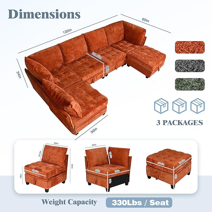 smilesun Oversized Modular Sectional Sofa with Storage Under Each Seat U-Shaped Chenille Sectional with Extra Deep and Wide Seats Convertible Comfy Couch for Living Room（Orange U-Shaped Couch）