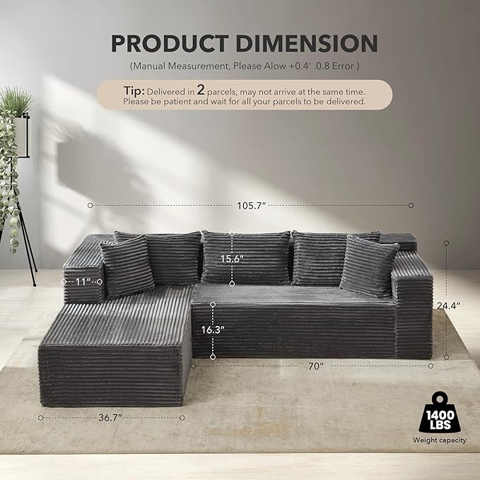 Garvee Modular Sectional Sofa Cloud Sectional Couch 106 Comfy L Shaped Couches for Living RoomOversized Sofa Sleeper with Deep Seat No Assembly Required