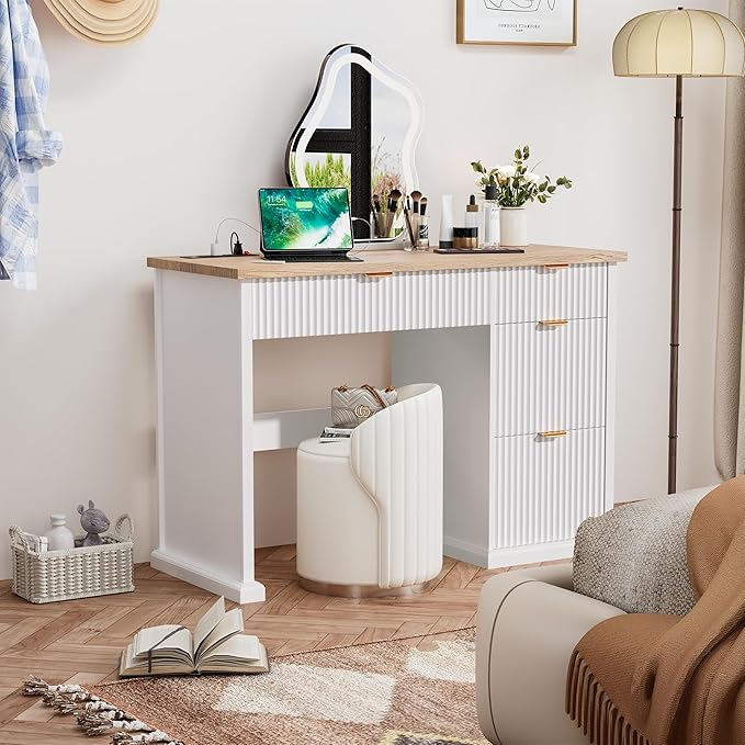 47 Farmhouse Executive Desk Home Office Desk with Drawers and Charging Station Wood Home Office Desk Fluted Computer Writing Desk for Study Living Room Bedroom