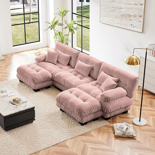 Luxury Modular Sectional Sofa 133.8 Oversized U Shaped Sofa with 5 Pillows Deep Seat Soft Cloud CouchChenille Comfy Couches for Living Room (Pink 3 Seat + 2 Ottoman)