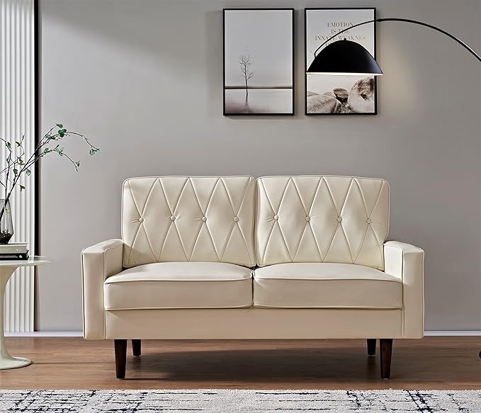 Modern Style Faux Leather Loveseat with Elegant Round Tapered Legs and Button Tufted Backrest Perfect for Living Room Bedroom or Home Office 57.5’’ Wide White
