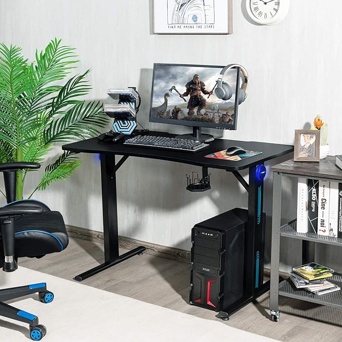 Tangkula Gaming Desk T-Shaped Computer Desk w/Game Controller Stand Cup Holder and LED Light Ergonomic Home Office Game Station with Carbon Fiber Surface (Black)
