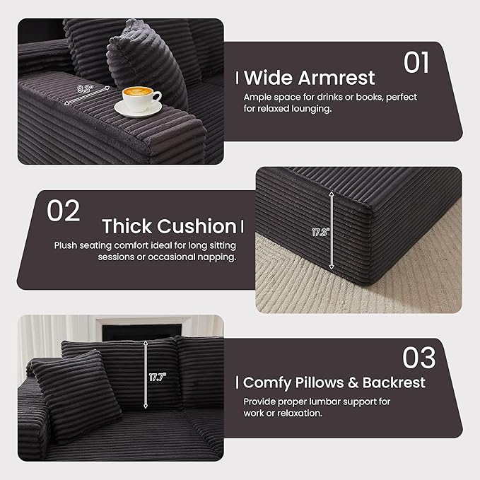 103'' Modular Sectional Sofa with Deep Seat Comfy L Shaped Couch Modern Cloud Couch with Oversized Chaise Corduroy No Assembly Required for Living Room Bedroom Dark Grey