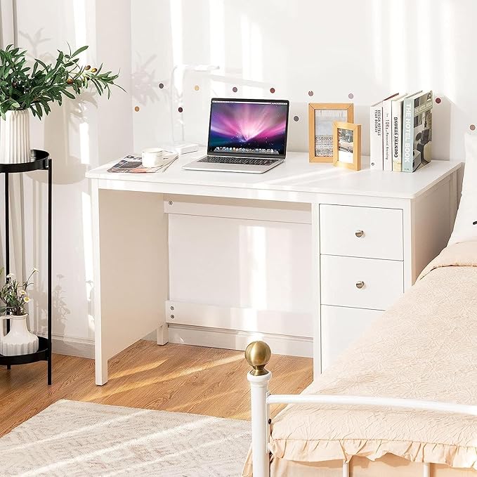 GOFLAME 3-Drawer Computer Desk Study Desk with Spacious Desktop Modern Writing Desk Compact Laptop Desk Multipurpose Workstation for Home Office White