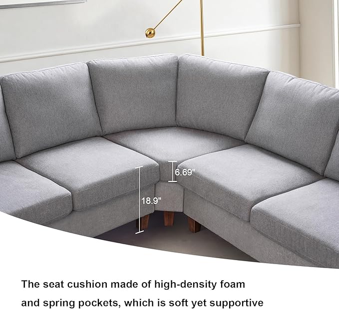 L Shaped Couch Small Sectional Sofa for Living Room L Couch with Pocket Springs Seat Cushion Linen Fabric Tapered Legs Comfy Corner Sofa for Small Space Apartment Office Light Grey