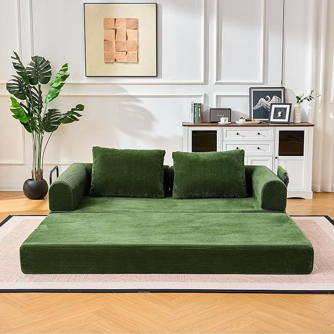 Convertible Sleeper Sofa Bed 78.7 Folding Floor Sofa Mattress Couch with Pillows Corduroy Futon Boneless Couch Lounge Loveseat with Pull Out Bed Green
