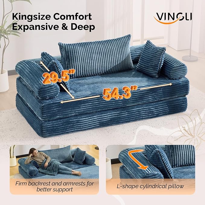 VINGLI Convertible Futon Sofa Bed Upholstered Corduroy Boneless Couch King Size Floor Loveseat Sleeper Sofa with 2-in-1 Throw Pillow Couches for Living Room Bedroom Lounge Navy Blue