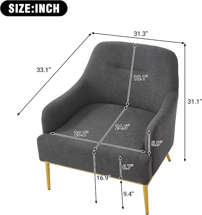 Modern Accent Chair with Curved Backrest Chenille Fabric Upholstered Armchair with Gold Metal Legs Single Sofa Chair for Living Room Reading Corner (Dark Gray14)