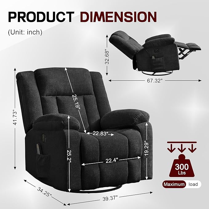 Rocker Recliner Glider Recliner Chairs for Adults 360° Swivel Rocking Chair with Massage and Heating Nursery Chair with Storage and USB Charging for Living Room Bedroom Nursery