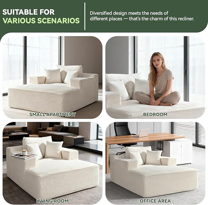 66 Oversized Chaise Lounge Chair Indoor Corduroy Upholstered Sofa Bed with Pocket Springs&ampHigh-Density Foam Deep Seat Sleeper Couch with 3 Pillows No Assembly for Living Room (Beige)