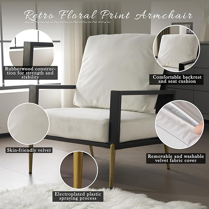 Modern Low Back White Upholstered Accent Armchair with Gold Metal Legs &amp Rubberwood Frame Chic Wide Armrest Minimalist Lounge Chair with Pillow Back Single Sofa Chair for Living Room&ampBalcony