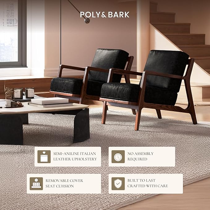 Poly &amp BARK Verity Leather Accent Chair – Armchair with Walnut Wood Frame – Fashion-Forward Lounge Seating for Living Room – Upholstered in Onyx Black Leather for Modern Style